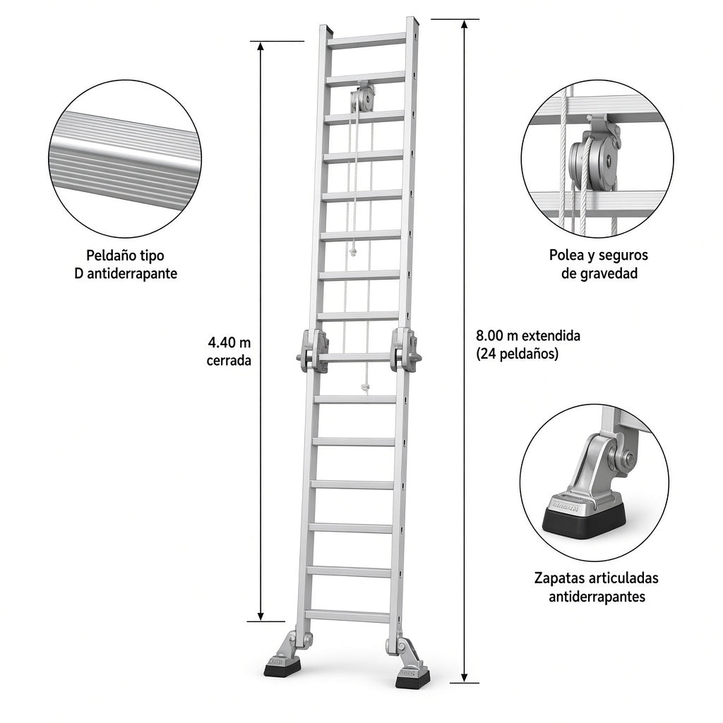 Escalera de extensión de aluminio 4.40–8.00 m — Medidas, especificaciones y detalles | Andamiada
