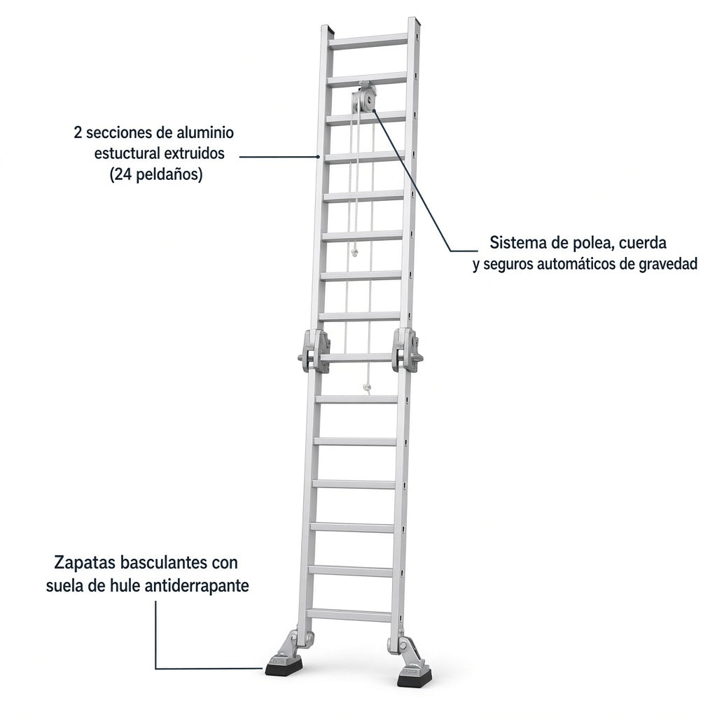 Escalera de extensión de aluminio 4.40–8.00 m — Qué incluye y despiece de componentes | Andamiada