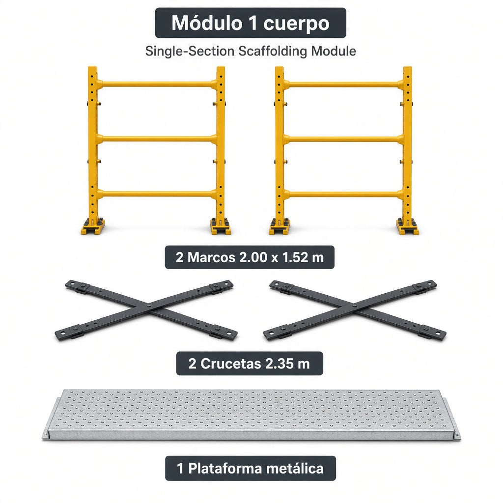 Módulo de andamio 1.52 × 2.00 × 2.50 m (1 cuerpo) — Qué incluye y despiece de componentes | Andamiada
