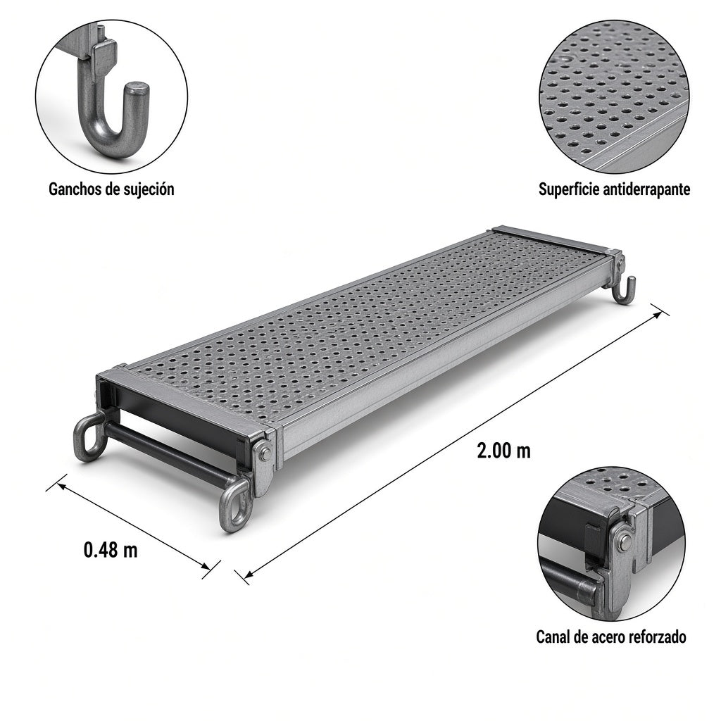 Plataforma metálica antiderrapante 2.00 × 0.48 m — Medidas, especificaciones y detalles | Andamiada