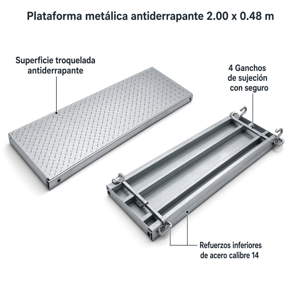 Plataforma metálica antiderrapante 2.00 × 0.48 m — Qué incluye y despiece de componentes | Andamiada